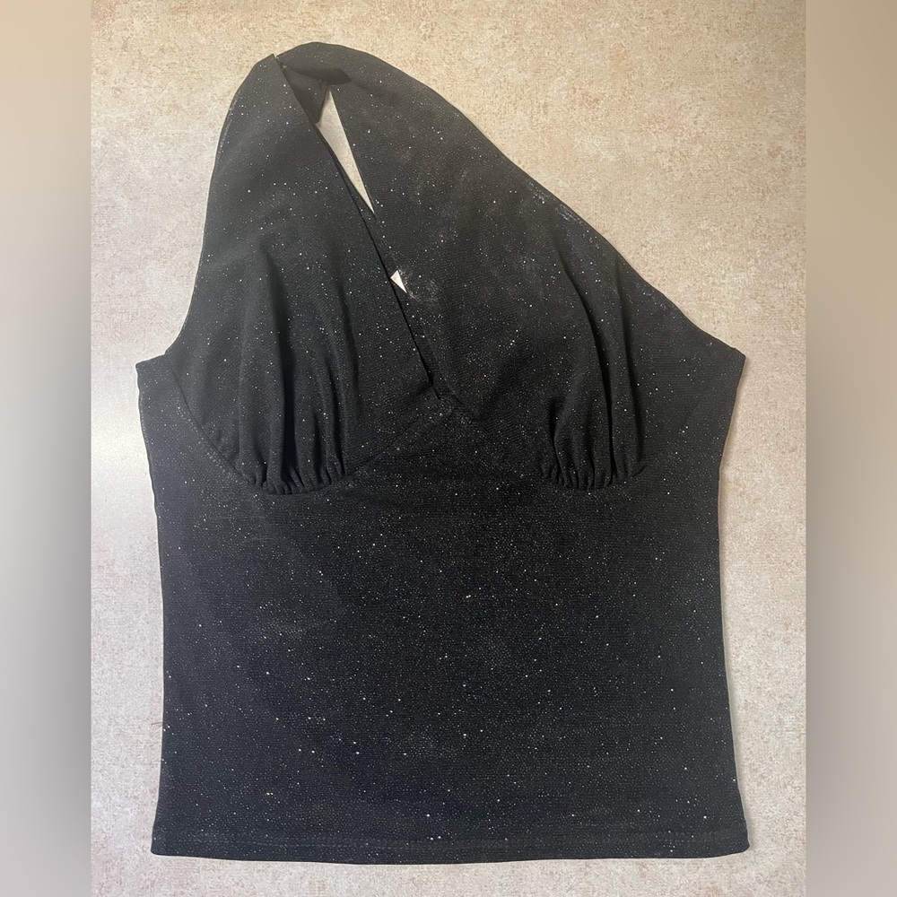 Women’s MISTYROSE Elegant One Shoulder Black Sparkly Mesh Top